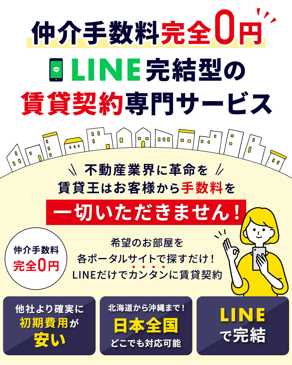 賃貸王は仲介手数料完全0円 LINE完結型の賃貸契約専門サービス 不動産業界に革命を 賃貸王はお客様から手数料を一切いただきません! 希望のお部屋を各ポータルサイトで探すだけ! LINEだけでカンタンに賃貸契約 他社より確実に初期費用が安い 北海道から沖縄まで!日本全国どこでも対応可能 LINEで完結